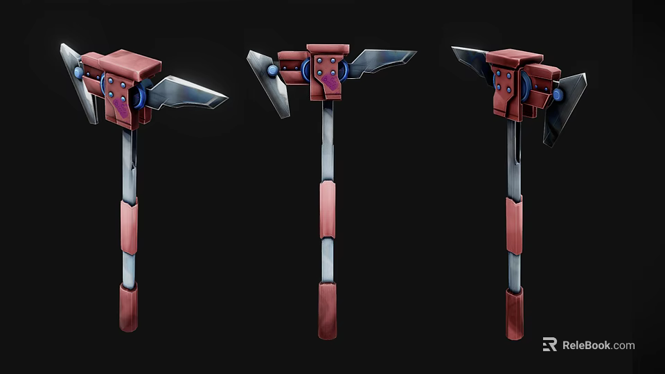 Red And Silver Mechanical Axes With Blue Accents In Three Views 3d model 