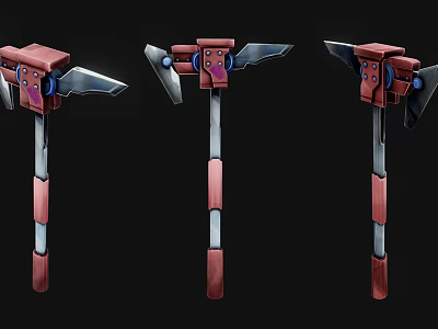 Red And Silver Mechanical Axes With Blue Accents In Three Views 3d model