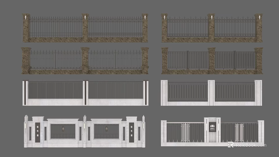 Various Modern Fence And Gate Designs With Wrought Iron And Stone Elements 3d model