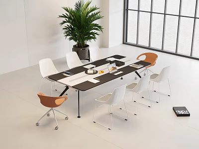Modern Conference Table With White Orange Chairs Notebooks And Green Plant By Large Window 3d model