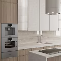 Modern Kitchen Interior With Wooden Cabinets Central Island Stone Countertop And Stainless Steel Range Hood