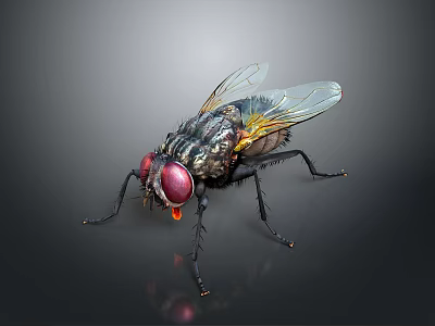Detailed Close Up of Fly With Red Eyes Black Body and Transparent Wings 3d model