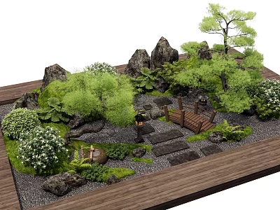 Natural Courtyard Garden With Rock Formations Lush Green Plants Stone Steps And Wooden Path 3d model