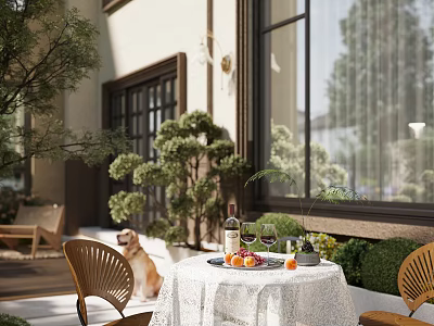 Lush Garden Landscape With Green Plants Outdoor Dining Setup Wicker Chairs And Dog 3d model