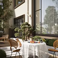 Lush Garden Landscape With Green Plants Outdoor Dining Setup Wicker Chairs And Dog