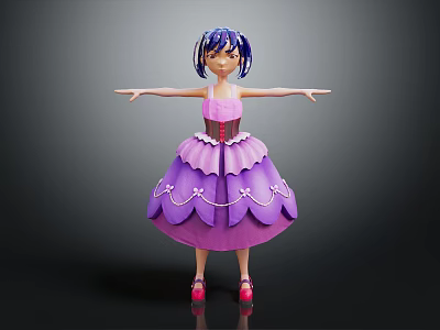 Game Movie Character Blue Haired Girl In Purple Lace Decorated Dress Arms Outstretched Pink Shoes 3d model