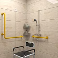 Public Restroom Interior With Tiled Walls Mirror Toilet Sink Yellow Grab Bars And Glass Partition