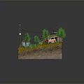 Rural Scene Model With Tile Roofed House Van Old Trees Utility Pole And Dirt Puddle