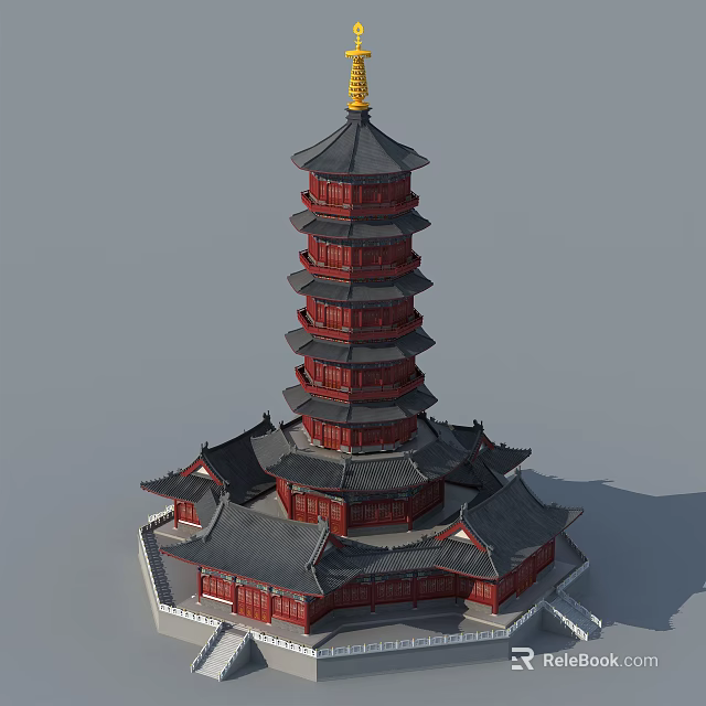 Ancient Traditional Architecture Multi Tiered Pagoda With Red Body Black Roof And Golden Top 3d model 