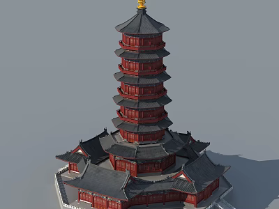 Ancient Traditional Architecture Multi Tiered Pagoda With Red Body Black Roof And Golden Top 3d model