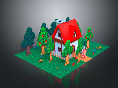 Cute House Exterior Design With Red Roof White Walls Apple Trees Green Lawn And Fence 3d model