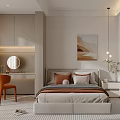 Modern Bedroom Interior With Beige Headboard White Bedding Nightstands Table Lamps And Abstract Painting