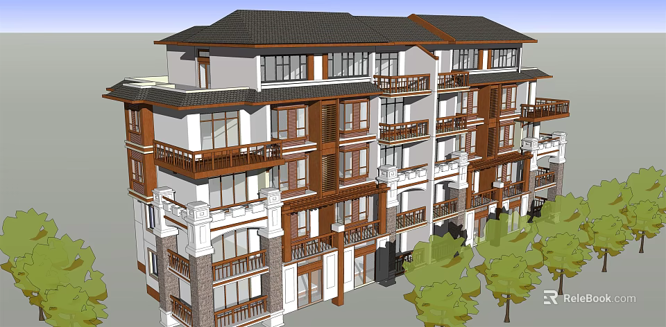 Traditional Style Residential Building With Black Tiled Roof Wooden Balconies And Trees 3d model 
