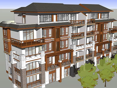 Traditional Style Residential Building With Black Tiled Roof Wooden Balconies And Trees 3d model