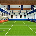 Indoor Physical Training Facility With Green Turf Basketball Hoop And Seating Areas