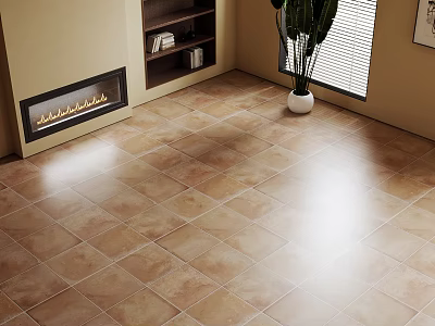 Brown Floor Tiles In Living Room With Fireplace Bookshelf And Plant 3d model