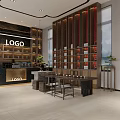 Modern Chinese Tea House Interior With Wooden Shelves Tea Display And Tables Chairs