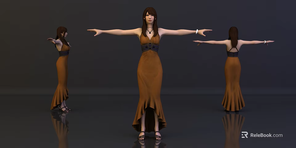 Woman in Brown Dress with Irregular Hem Necklace Three Angles Dark Background and Floor Reflection 3d model 
