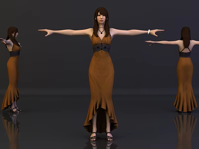Woman in Brown Dress with Irregular Hem Necklace Three Angles Dark Background and Floor Reflection 3d model