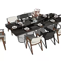Modern Dining Table Set With Mixed Color Chairs Tableware And Flower Vase 3d model