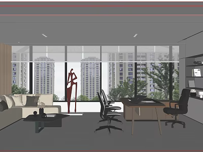 Modern Office Interior Design with Large Windows City View Sofa Coffee Table and Office Desk 3d model
