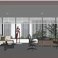 Modern Office Interior Design with Large Windows City View Sofa Coffee Table and Office Desk