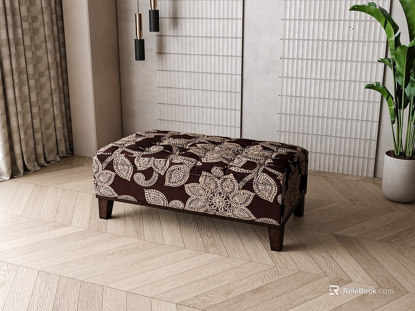 Upholstered Ottoman With Floral Pattern Design On Wooden Herringbone Floor With Potted Plant And Curtain 3d model 