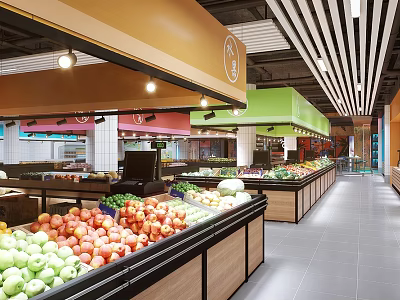 Supermarket Fresh Fruits and Vegetables on Organized Shelves in Well lit Interior 3d model