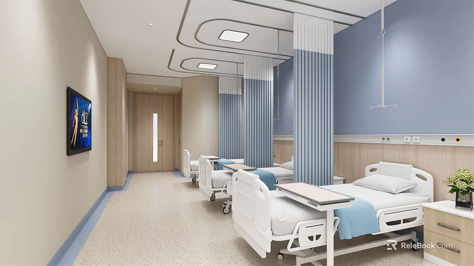 Modern Hospital Outpatient Ward With White Beds Blue Striped Curtains And TV 3d model 
