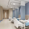 Modern Hospital Outpatient Ward With White Beds Blue Striped Curtains And TV