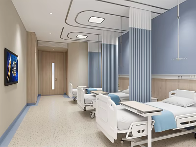 Modern Hospital Outpatient Ward With White Beds Blue Striped Curtains And TV 3d model