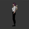 Game Movie Character With Purple Hair White Shirt Black Pants Holding Golden Axe And Device