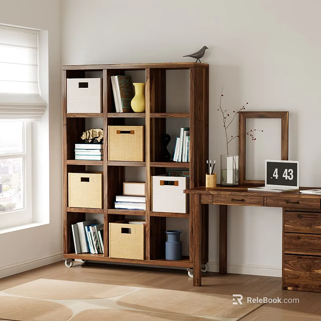 Wooden Wheeled Bookcase With Layered Storage Baskets Books And Decorative Vase 3d model 