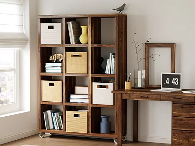 Wooden Wheeled Bookcase With Layered Storage Baskets Books And Decorative Vase 3d model