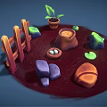 Decorative Garden Ornament Set With Wooden Fence Colorful Rocks Small Potted Plant And Clay Pot