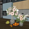 Modern Kitchen Decorative Ornament Set With Floral Bouquets Glass Vases And Fruits On Wooden Tabletop