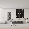 Modern Living Room Interior With White Sofa Black Shelving Unit And Gray Rug