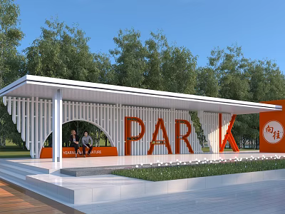 Modern Park Pergola with White Lattice Orange Signage Green Trees Blue Sky and Seating Area 3d model