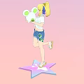 Blonde Woman With Ponytail And Blue Bow Holding White Plush Toy In Pink Background