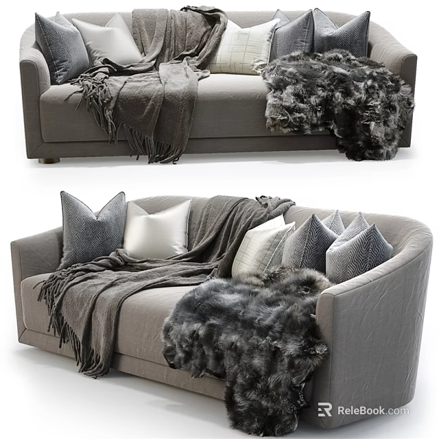 Plush Double Sofa Featuring Gray Pillows Soft Blanket And Faux Fur Throw 3d model 