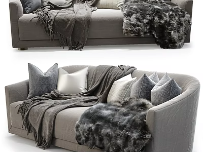 Plush Double Sofa Featuring Gray Pillows Soft Blanket And Faux Fur Throw 3d model