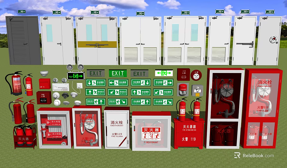 Comprehensive Fire Safety Equipment Display With Extinguishers Exit Signs And Emergency Lights 3d model