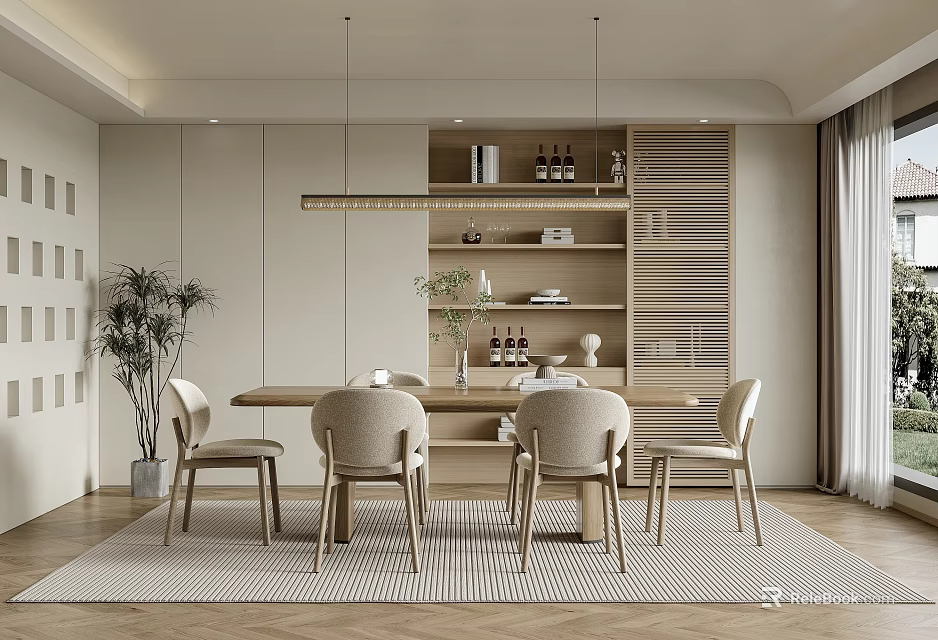 Modern Neutral Restaurant Interior With Wooden Dining Table Beige Chairs And Potted Plant 3d model 