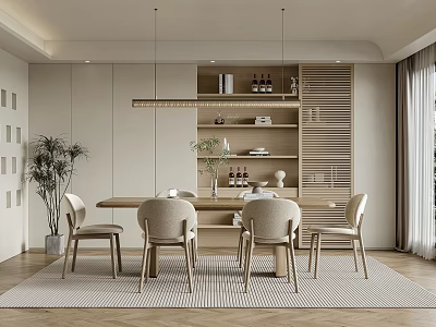 Modern Neutral Restaurant Interior With Wooden Dining Table Beige Chairs And Potted Plant 3d model