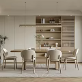 Modern Neutral Restaurant Interior With Wooden Dining Table Beige Chairs And Potted Plant