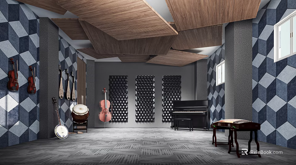 School Music Classroom With Cello Drum Piano Geometric Patterned Walls And Wooden Ceiling 3d model 