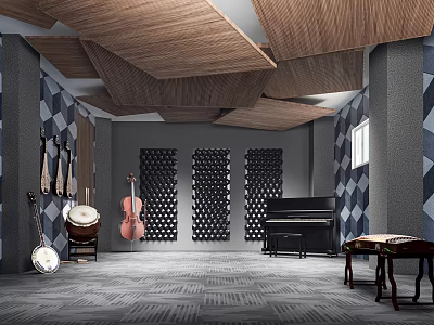 School Music Classroom With Cello Drum Piano Geometric Patterned Walls And Wooden Ceiling 3d model