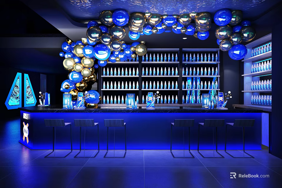 Balloon Decorations Add Charm To Modern Bar Interior With Blue Lighting 3d model 