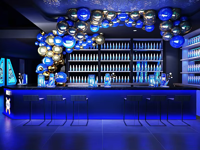 Balloon Decorations Add Charm To Modern Bar Interior With Blue Lighting 3d model