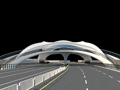 Modern Landscape Bridge With Curved White Structure And Underlying Road Guardrails 3d model